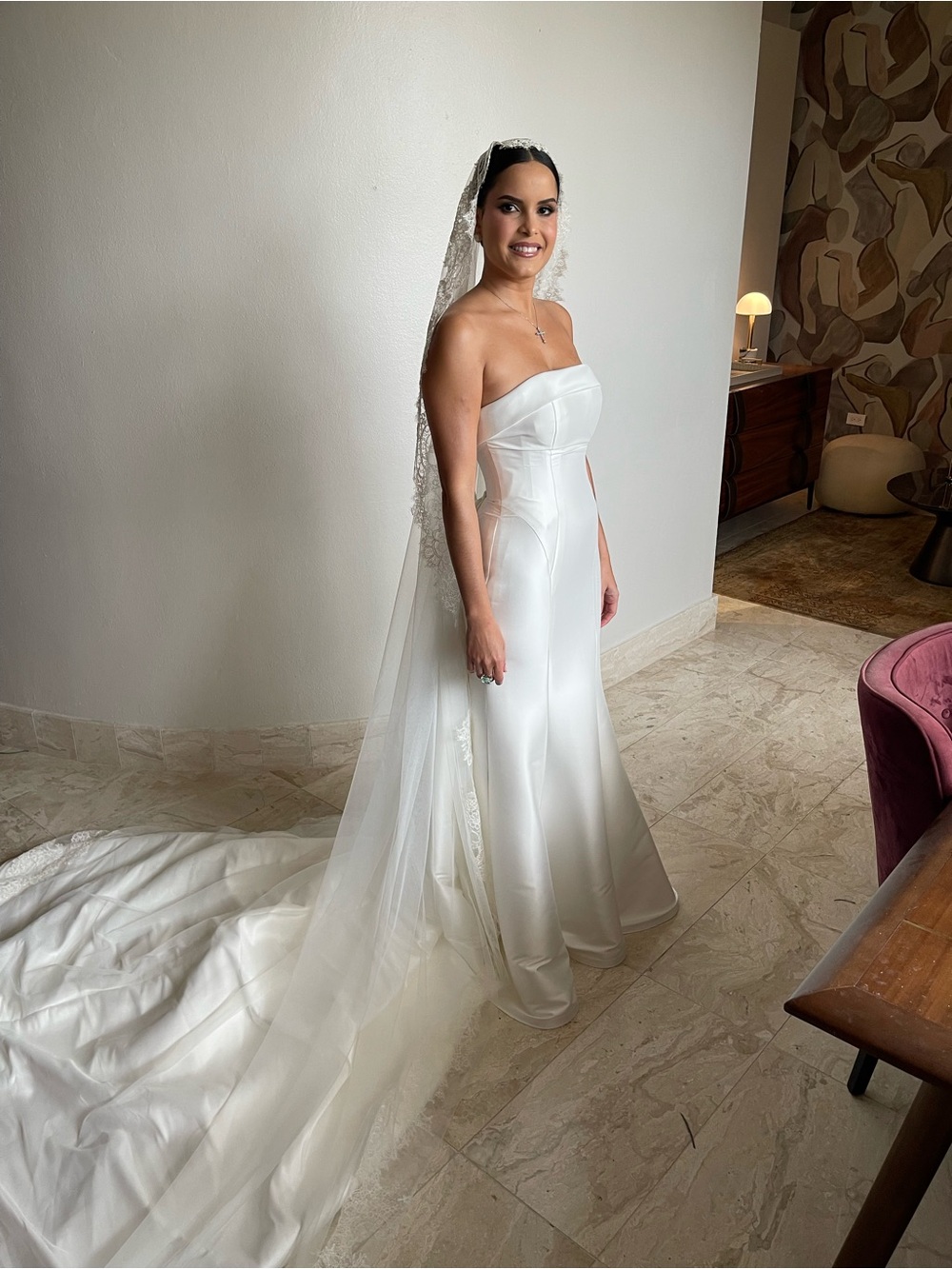 Rosa Clara Strapless Ivory Satin Wedding Gown with Lace-Edged Veil
